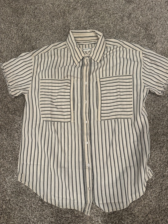 Striped Short-Sleeve Button Front Top in Beige - Picture 7 of 7